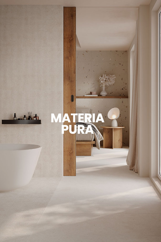 Bright suite with textured beige surfaces, natural wood, freestanding bathtub and minimalist details in a neutral and relaxing palette.